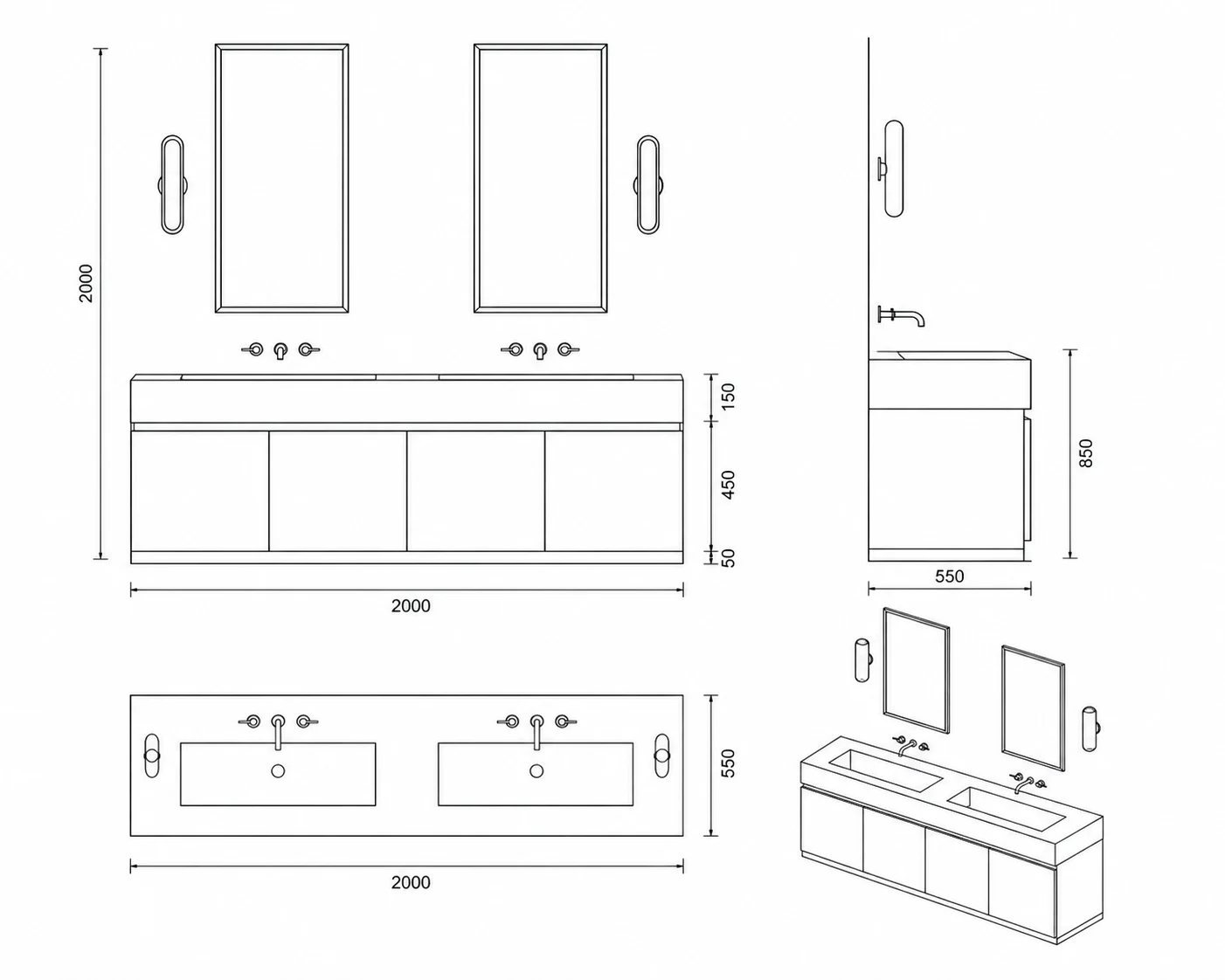 Black and white technical drawing of the travertine double vanity