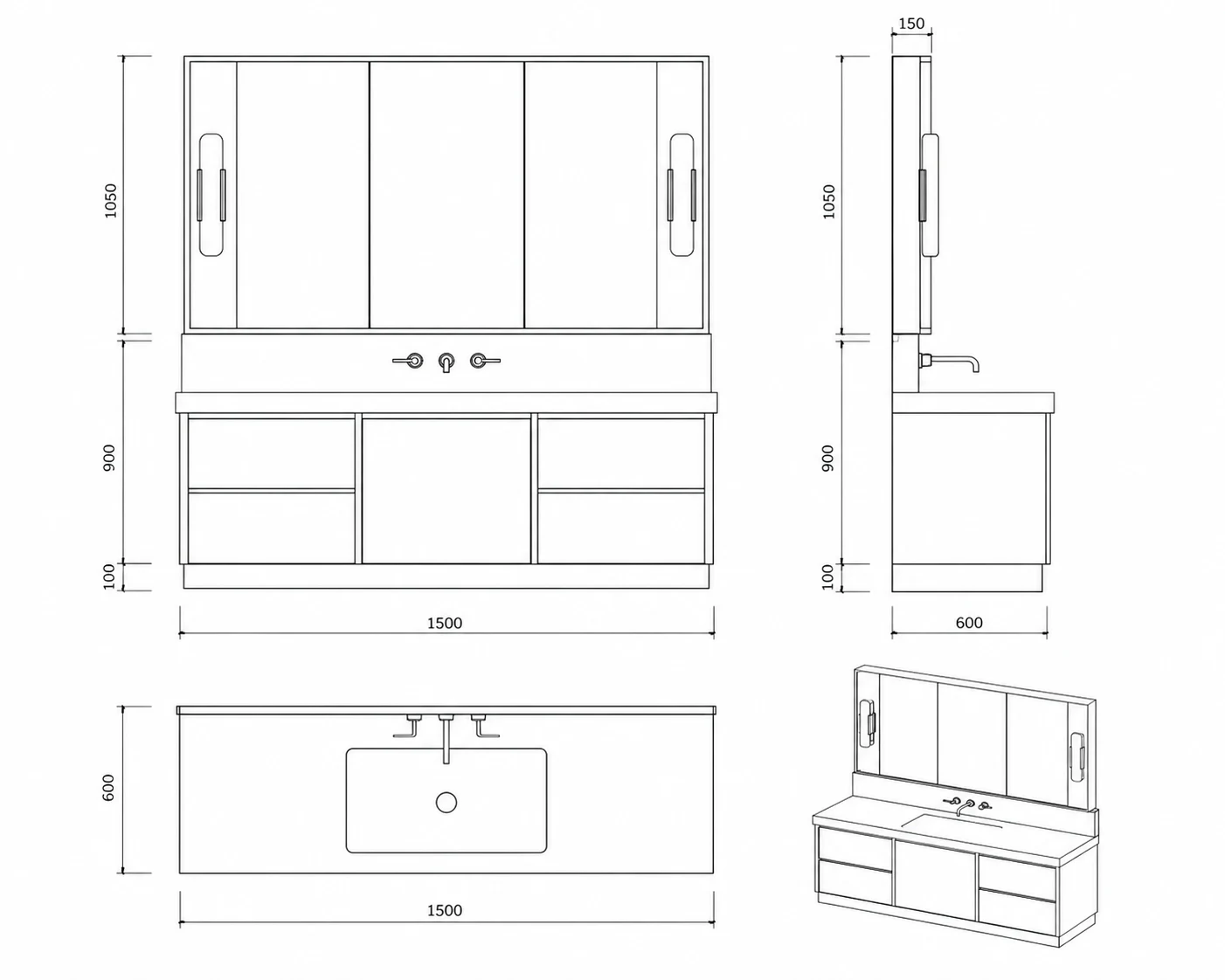 Black and white technical drawing of the walnut bathroom vanity