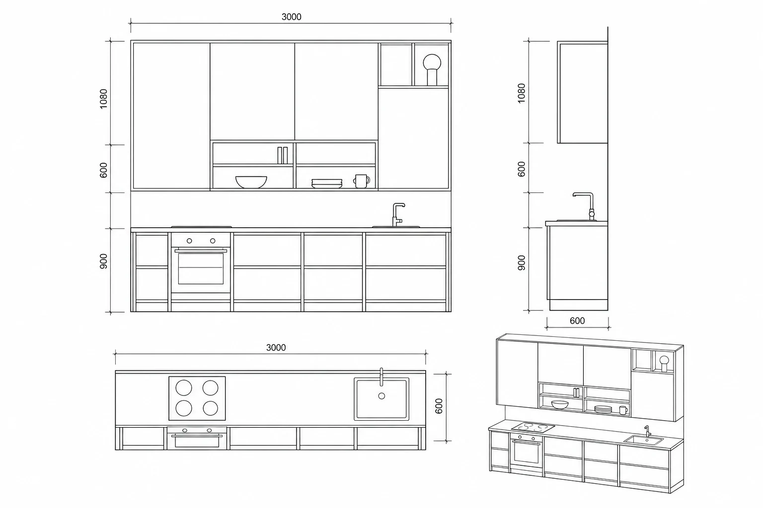 Black and white technical drawing of the fitted kitchen