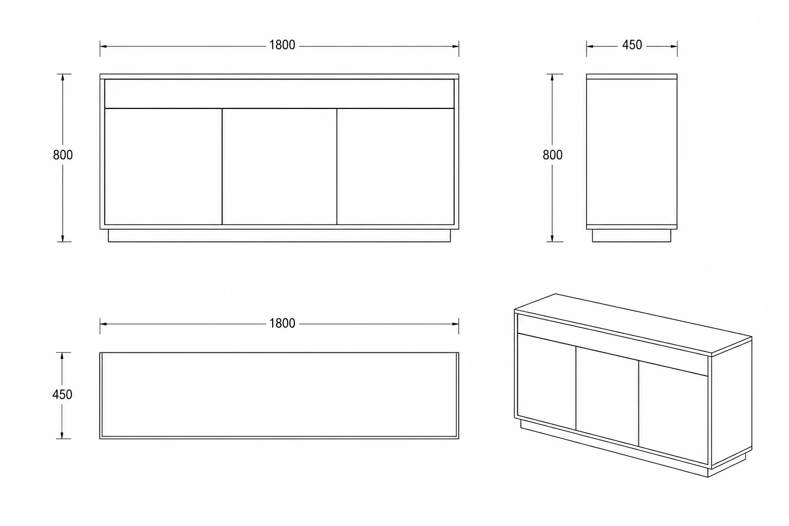 Black and white technical drawing of the oak sideboard