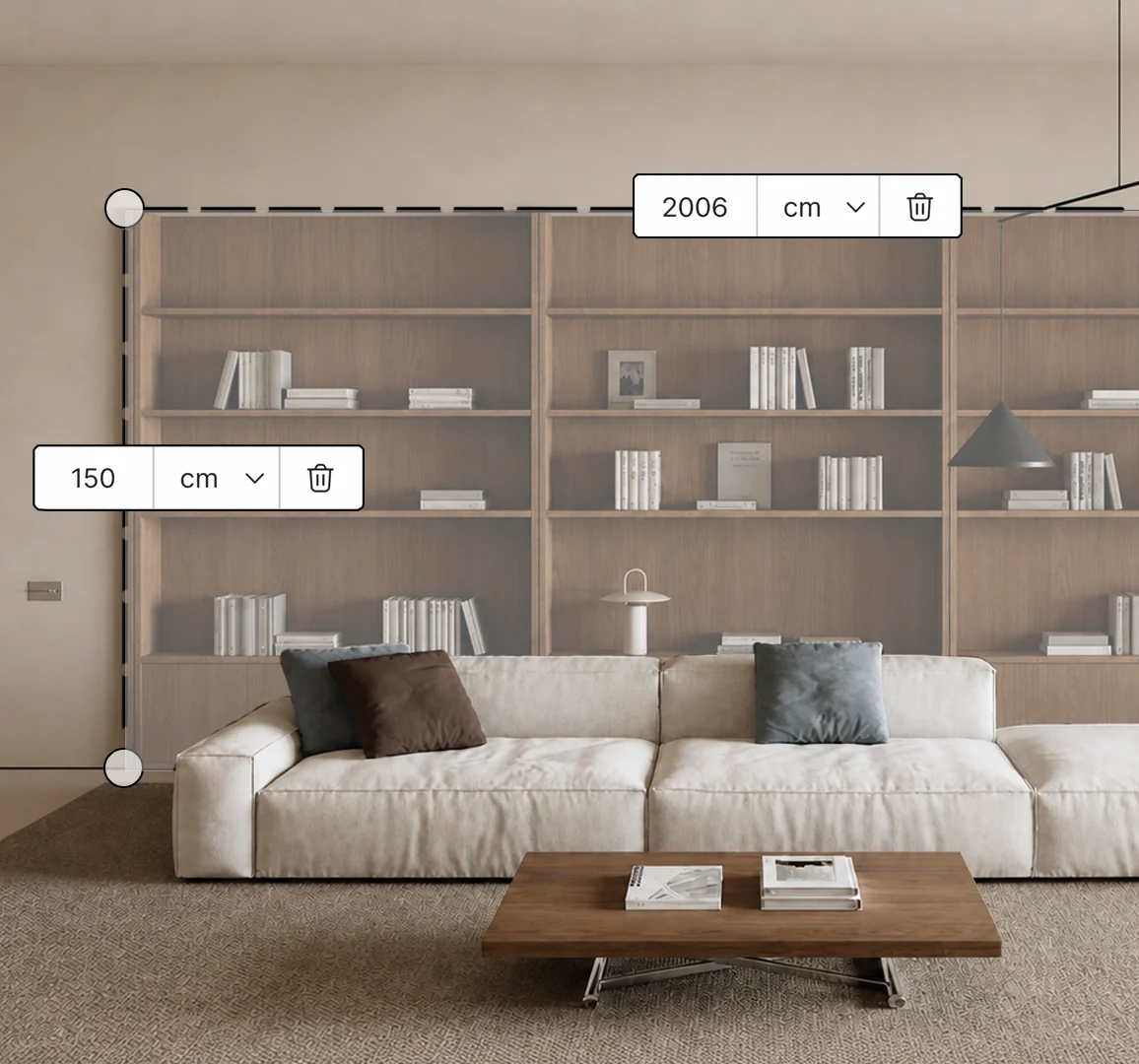 Interior shelving reference with guided dimension controls