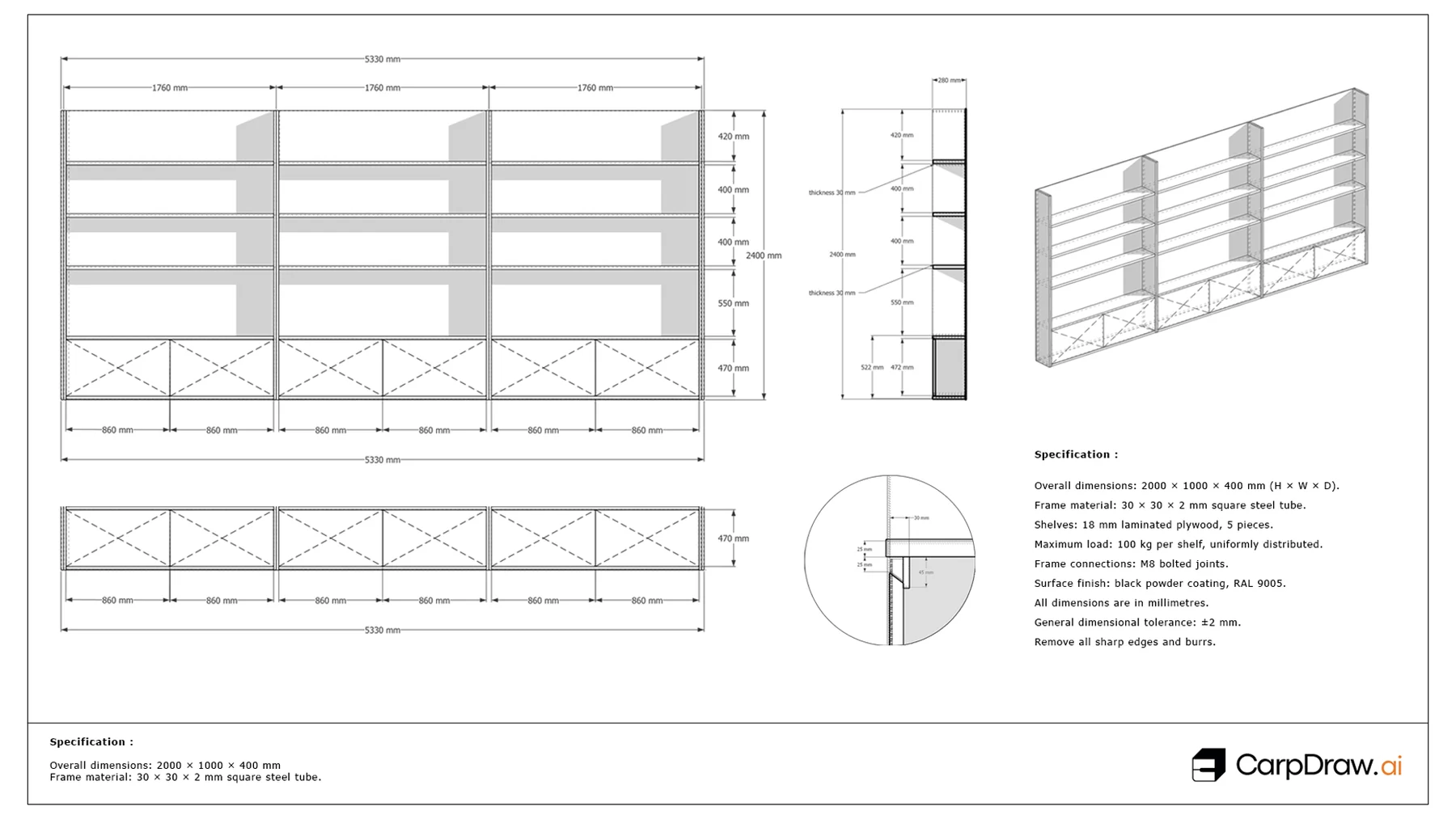 Completed technical drawing and specification for custom shelving